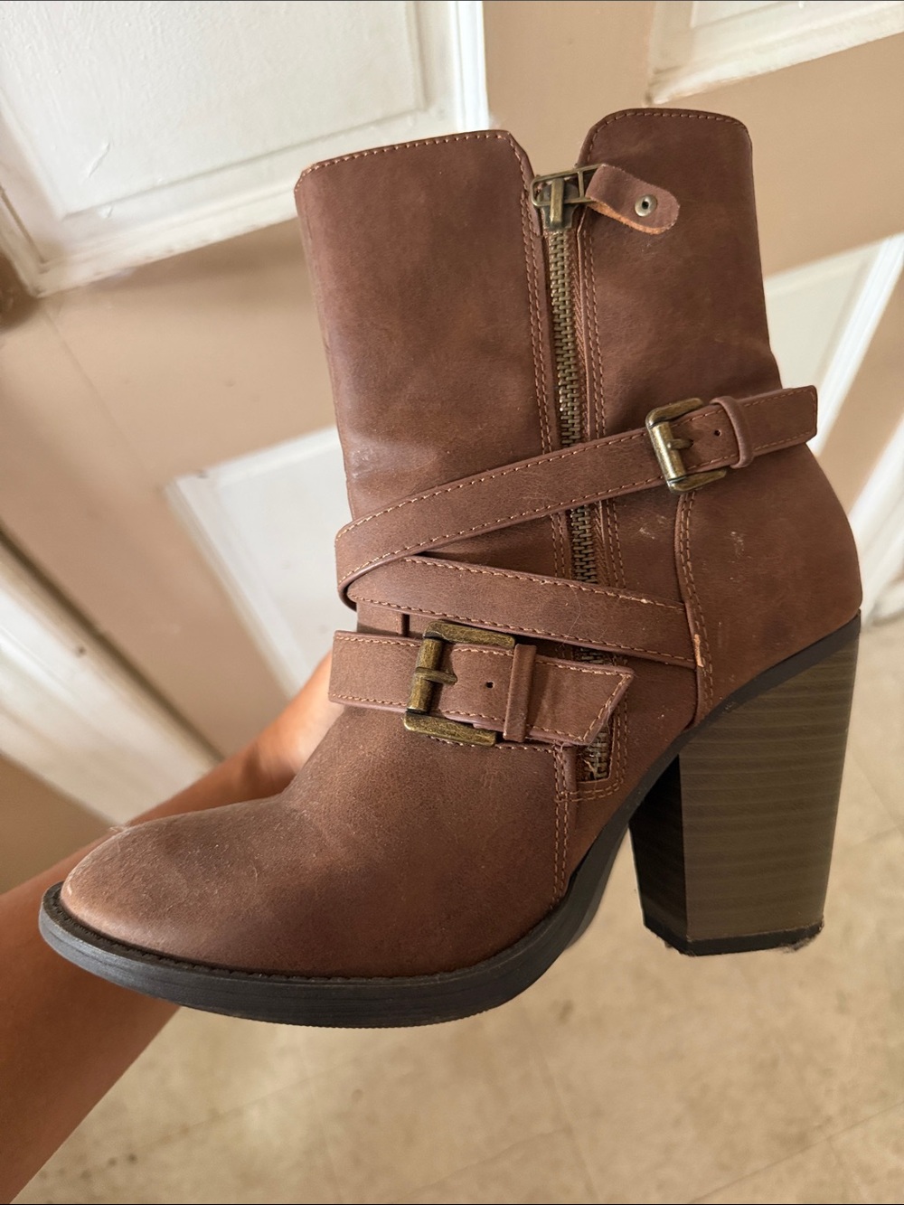 Soda Brown Buckle Strap Block Heel Ankle Boots